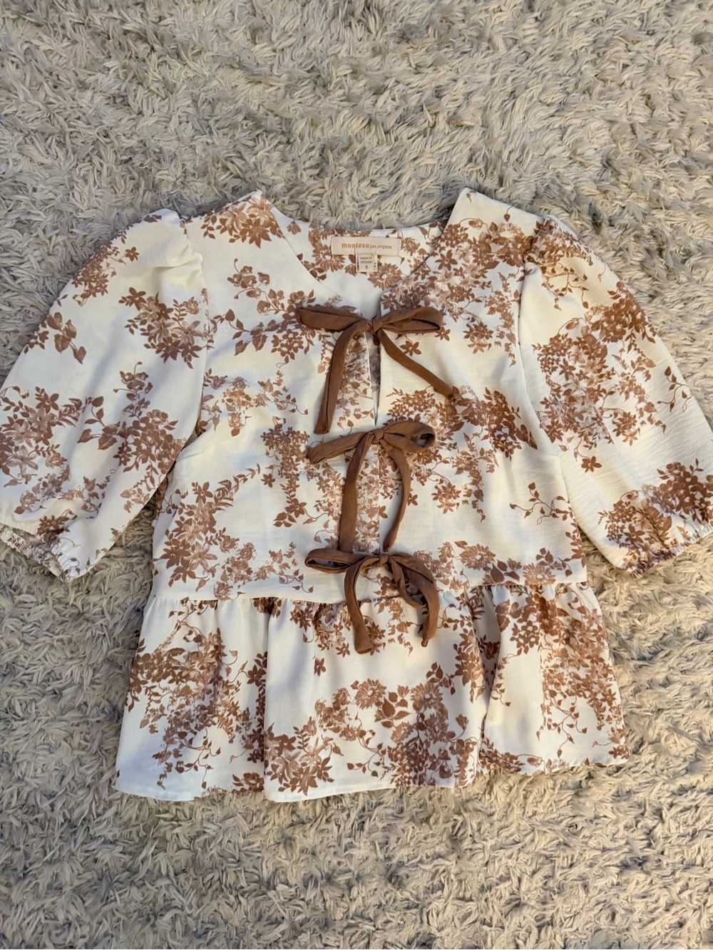 Monteau Cream Top with Brown Floral Tie-Front